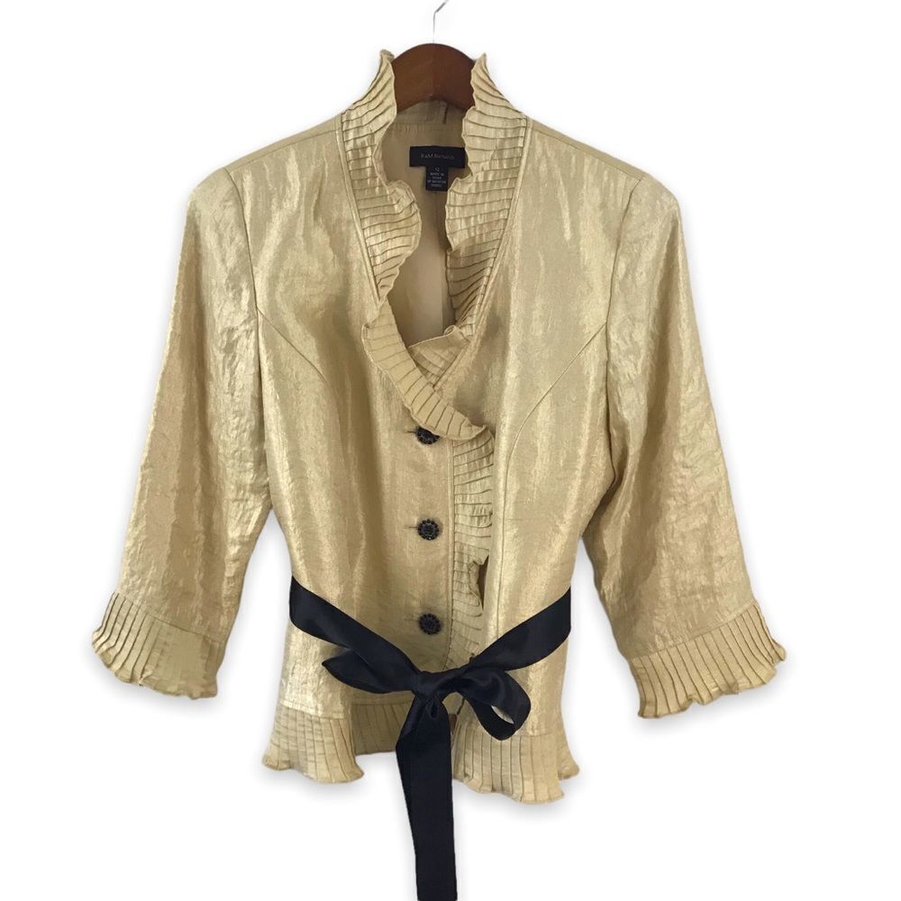 R&M Richards Womens Gold Metallic Ruffle Evening Jacket Blazer Size 12 Champagne